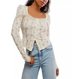 Free People Lets Party Floral Lace Trim Cotton Waffle Knit Cardi Top Cream XS